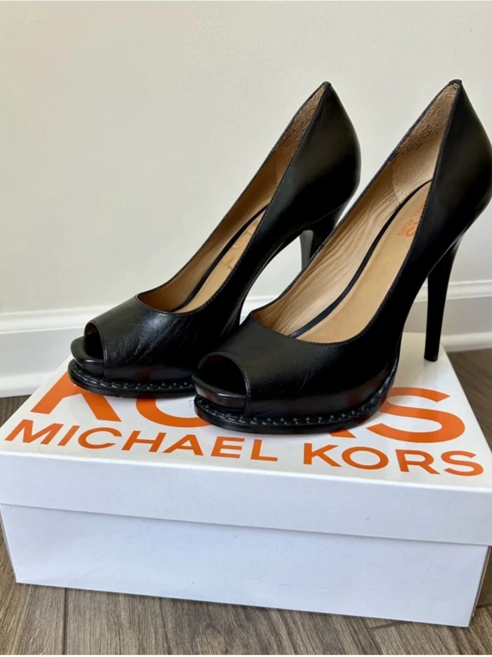 Michael Kors Black Leather Peep-Toe Stiletto Heels